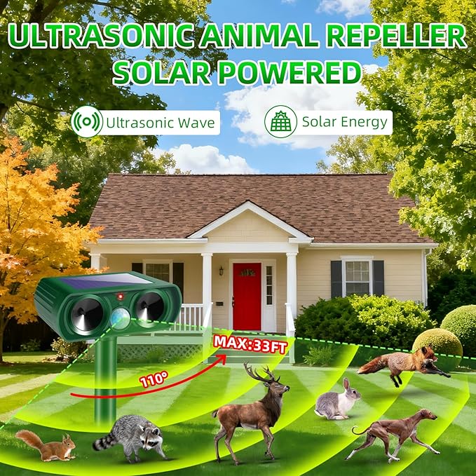 2 Pack Solar Ultrasonic Animal Repeller Outdoor Cat Deer Repellent Devices with Motion Sensor IP65 Waterproof Animal Deterrent Devices for SquirrelsRabbitsDogsRaccoonsSkunks for Garden Yard Farm