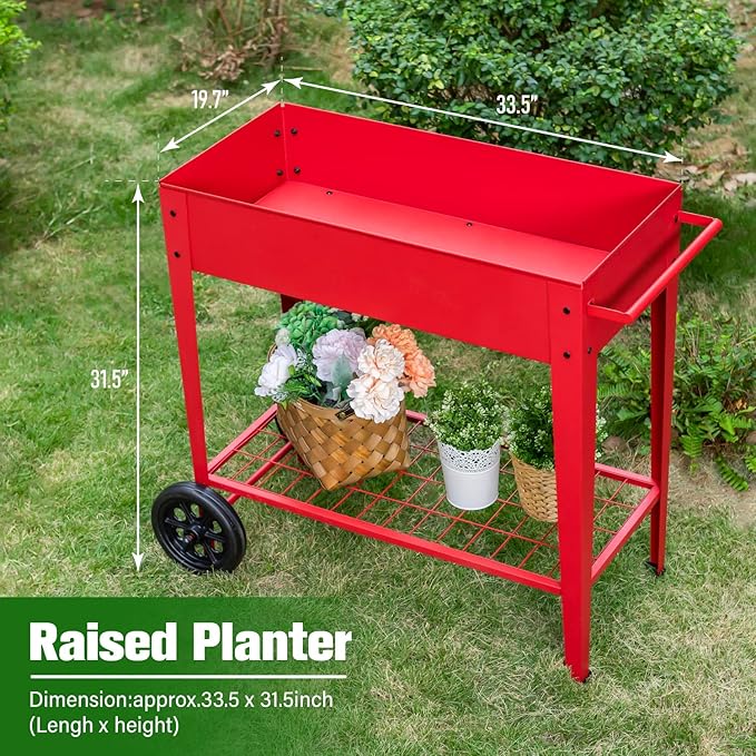 MFSTUDIO Outdoor Raised Elevated Garden Planter Box with Legs Patio Standing Planter Bed Cart on Wheels for Gardening Vegetables Flower Herb Red