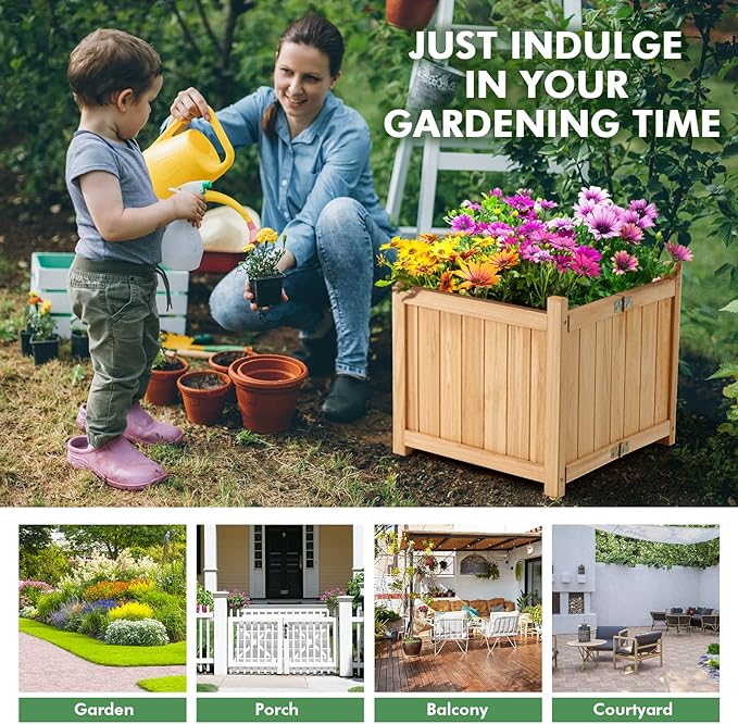 S AFSTAR Outdoor Wooden Planter Box Folding Raised Garden Bed W/Drainage Hole Patio Square Plant Container for Flowers Vegetables Fruits Herbs Collapsible Planting Box for Yard 15 x 15 x 14