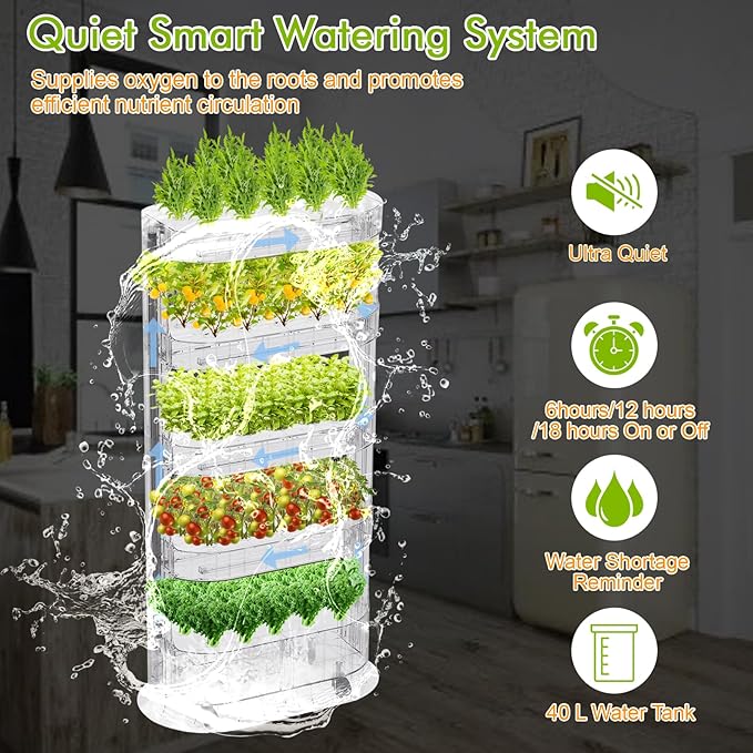 Lyfreen 5-Tier Smart Hydroponics Growing System Kit with LED Grow Light Hydroponic Tower for 80 Plants Self-Watering Indoor Herb Garden for Herbs Vegetables Salad Greens 40L Water Tank