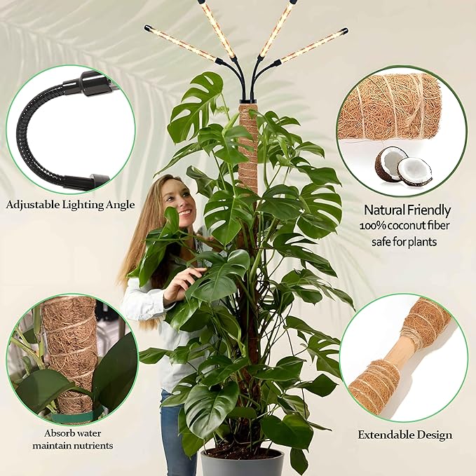 Grow Lights with Moss Pole for Indoor Plants Full Spectrum LED Plant Light with Auto 3/9/12H Timer Adjustable Height 15-54 Plant Lights Coco Coir Pole for Monstera Philodendron Climbing Plants