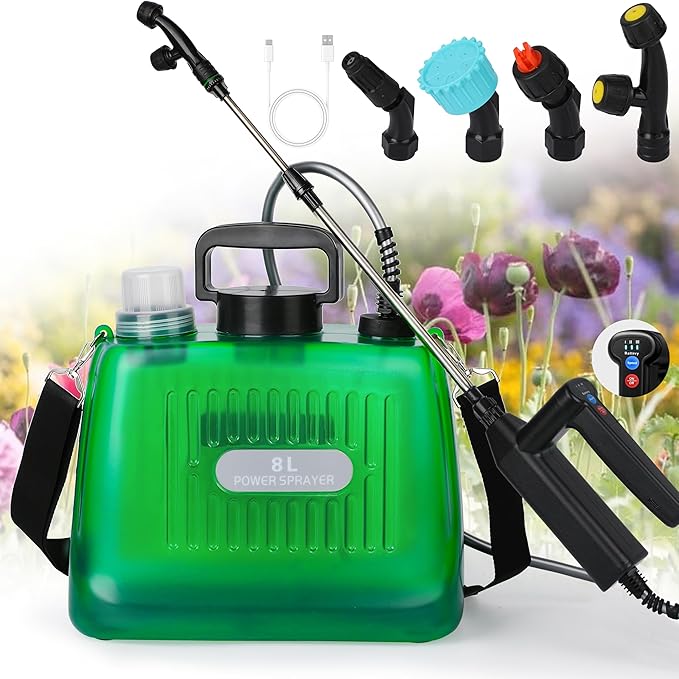 Battery Powered Sprayer 2 Gallon Electric Sprayer with 4 Mist Nozzles USB Rechargeable Handle 32in telescopic Wand Garden Sprayer with Adjustable Shoulder Strap for Lawn Garden Cleaning