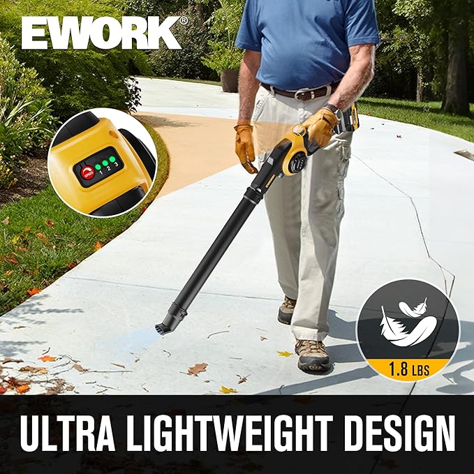 EWORK Small Leaf Blower Cordless 20V Mini Leaf Blower 130CFM/200MPH with Battery and Fast Charger Lightweight Electric Leaf Blowers Compact Blower for Jobsite Patio Cleaning Lawn Care