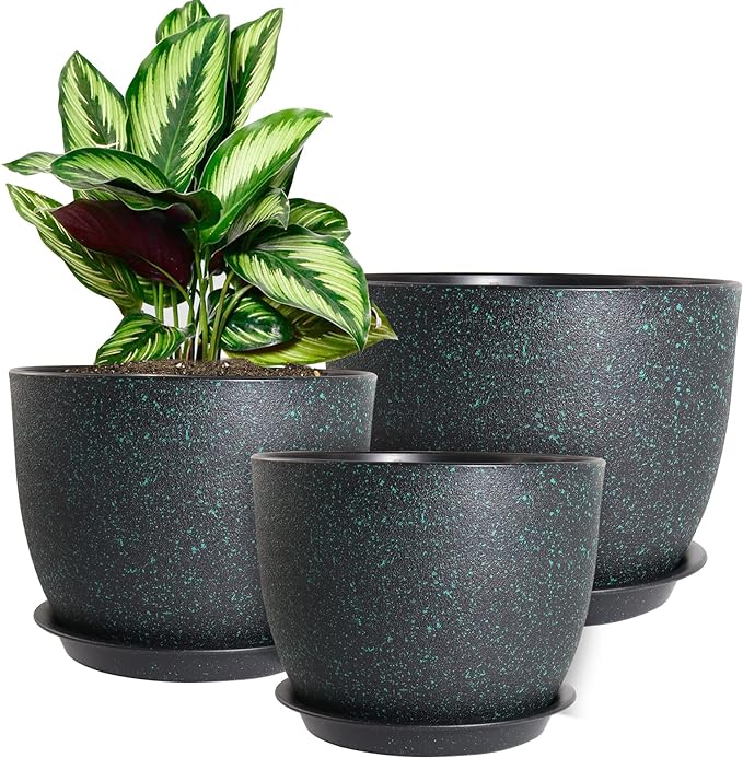 WOUSIWER Plant Pots 10/9/8 inch Set of 3 Modern Decorative Plastic Planters with Drainage Holes and Saucers for House Plants Indoor Flowers Plants Black with Green Speckles