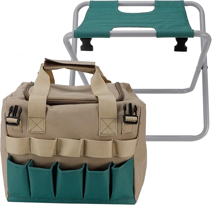 Zerodis Folding Gardening Stool with Detachable Storage Tote Bag Workseats Storage Tote Bag 600D Oxford Cloth Portable Garden Tools Set Organizer Chair for Fishing Camping Gardening