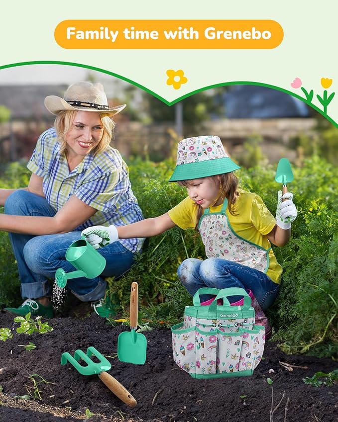 Kids Gardening Set ToysIncludes Metal TrowelTransplanting ShovelGarden hatRakeApronGlovesWatering Canand Tool Organizer Bag (Lake Green)