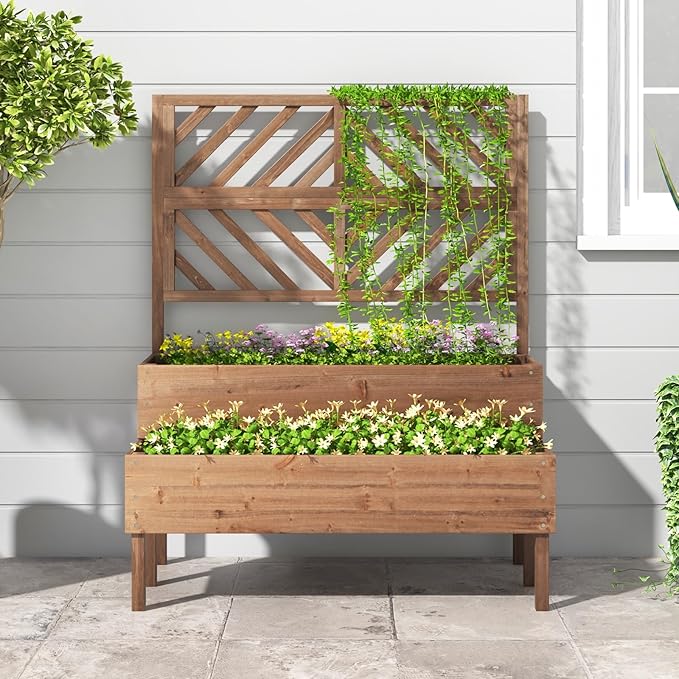 Raised Garden Bed with Trellis 2-Tier Wood Planter Box with Freestanding Legs &amp Drainage Holes Outdoor Raised Garden Bed for Climbing Plant Vine Vegetable