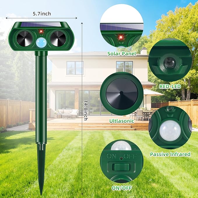 2 Pack Solar Ultrasonic Animal Repeller Outdoor Cat Deer Repellent Devices with Motion Sensor IP65 Waterproof Animal Deterrent Devices for SquirrelsRabbitsDogsRaccoonsSkunks for Garden Yard Farm