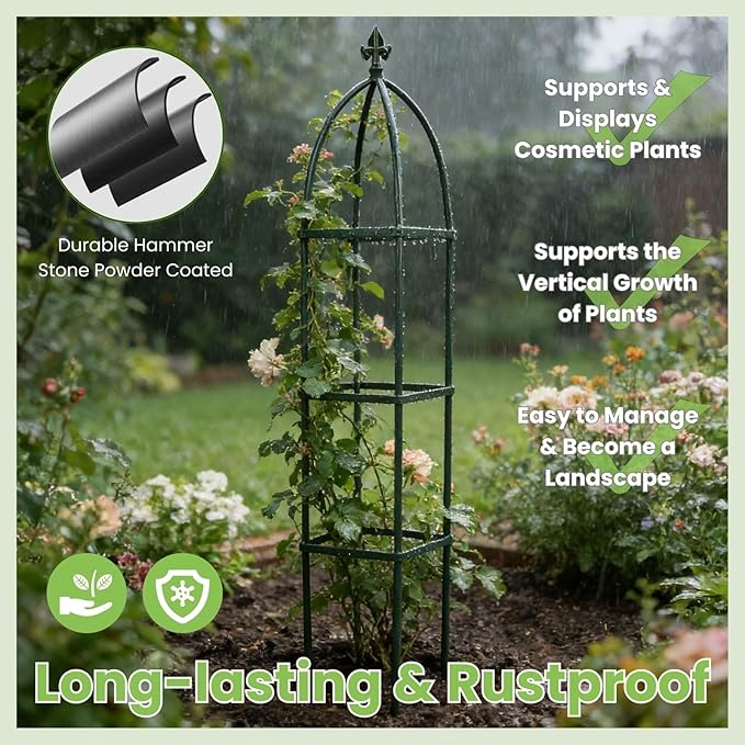 Lancisism 100% Metal Trellis for Climbing Plants Outdoor - Garden Metal Obelisk Trellis Vertical Plant Support for Climbing Vines &amp Flowers - Sturdy Steel Arch Trellis for Potted Plants Indoor Gre