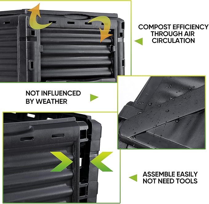 JupiterForce Garden Compost Bin 80 Gallon (300 L) from BPA Free Material Large Composting Bin Outdoor Composter with Gloves Easy Assembling Fast Creation of Fertile Soil Lightweight Black