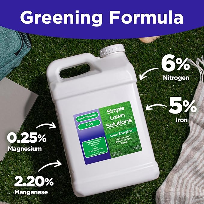Commercial Grade Lawn Energizer- Grass Micronutrient Booster with Iron and Nitrogen- Liquid Turf Spray Concentrated Fertilizer- Any Grass Type All Year- Simple Lawn Solutions (2.5 Gallons)