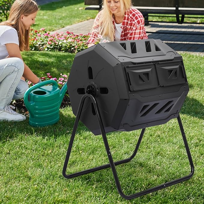 MoNiBloom 43 Gallon Compost Tumbler Outdoor BPA Free Large Dual Chamber Tumbling Compost Bin All-Season Fast Working Tumbling Composter High Volume Composter with 2 Sliding Doors