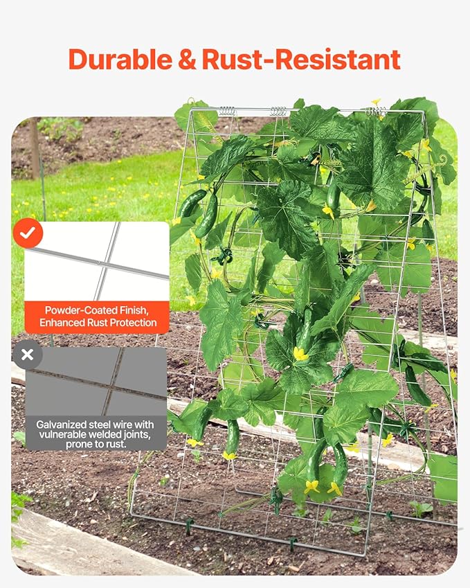 VEVOR Cucumber Trellis for Climbing Plants 35 H x 55 W Foldable Cucumber Trellis Set with Plant Clips Metal Garden Trellis for Raised Bed Outdoor Plant Grow Support for Tomato Vegetable(2 Pack)