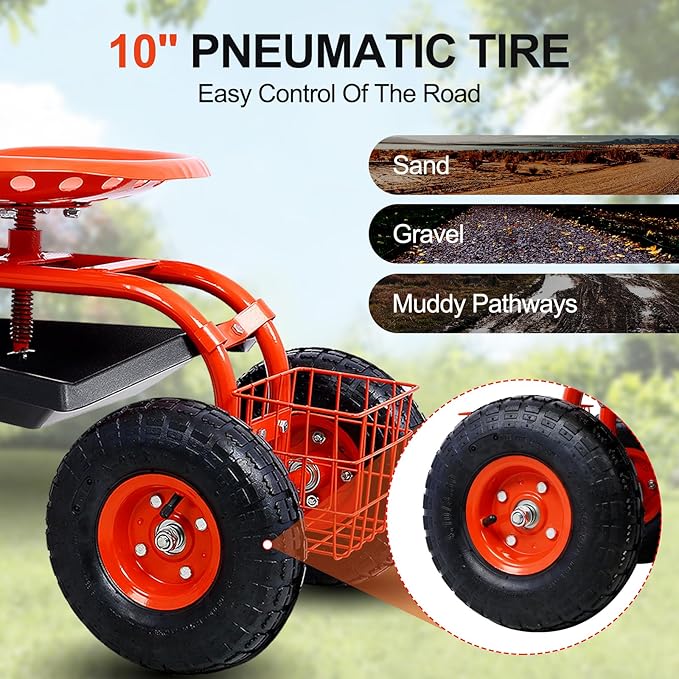 Donext Garden Cart Outdoor Rolling Garden with Wheels 360 Degree Swivel Seat Wagon Scooter with Steering Handle &amp Utility Tool Tray Red