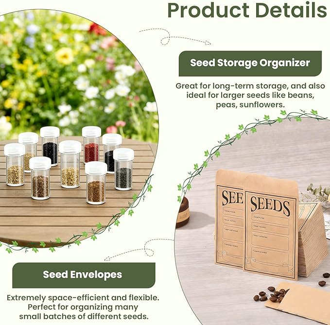 Seed Storage Organizer Box Metal Seed Box Garden Seed Organizer with Lid Seed Containers Storage with 3 Compartments 30 Seed Holder Organizers 50pcs Seed Envelopes (Green)