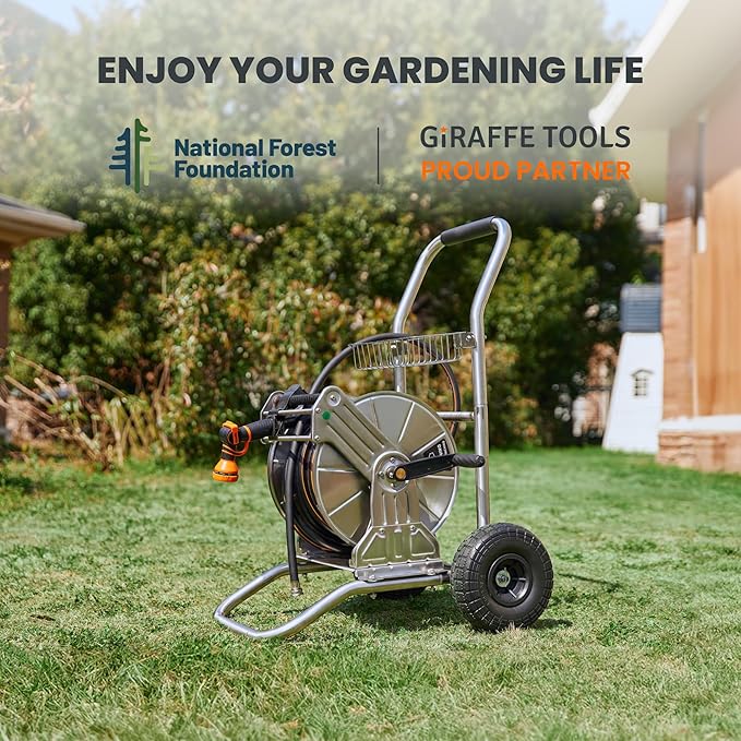 Giraffe Tools Garden Hose Reel Cart with Wheels Stainless Steel Heavy Duty Water Hose Reel Cart 200 ft of 1/2 Capacity Mobile for Outside