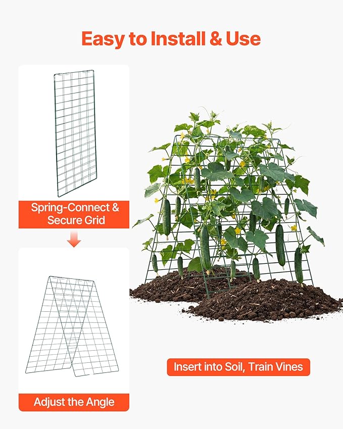 VEVOR Cucumber Trellis 35 x 55 Foldable A-Frame Garden Trellises for Raised Bed 4 Panels Metal Rustproof Outdoor Climbing Plant Support with Gloves for Vine Peas Beans Tomato Flowers