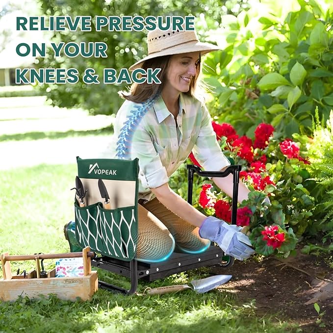 VOPEAK Garden Kneeler and Seat Heavy Duty Foldable Garden Stool with Upgraded Widened Thick Kneeling Pad Stable Garden Kneeler with 2 Large Tool Bags Gardening Gifts for Women Men Seniors Green