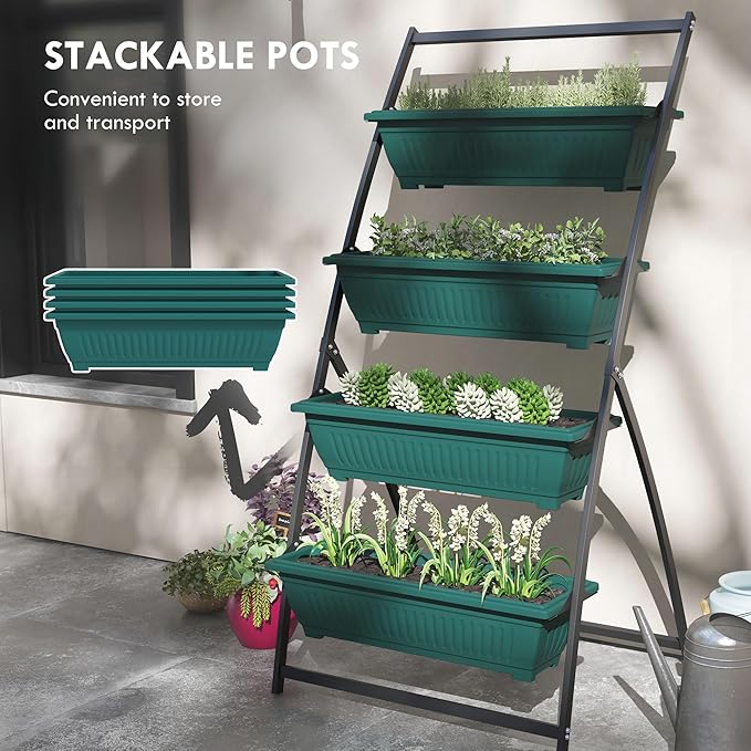 Raised Garden Bed 4 Tier Vertical Garden Planter Set 4 Outdoor Planter Boxes with Stand Self Draining Design Elevated Garden for Vegetable Flowers &amp Herbs Green