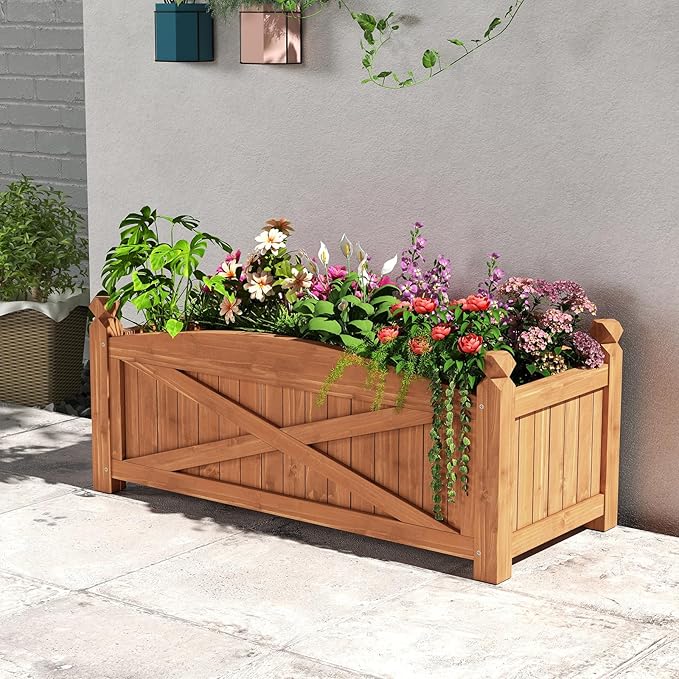 2 Pcs Raised Garden Bed 36”L x 16”W x 15”H Wooden Planter Boxes w/Drainage Holes &amp Removable Base Rectangular Garden Bed for Flowers Herbs Vegetables Fruits Patio Balcony Yard