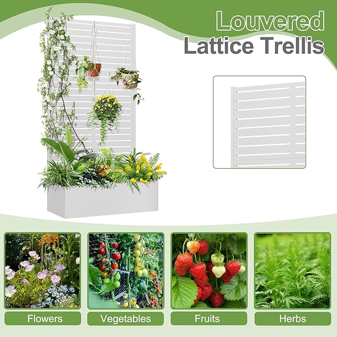Trellis for Climbing Plants OutdoorMental Garden Bed with Drainage Holes Outdoor Privacy Screen Design Tall planters for herb Flower Vegetables 73x35x16 White-Louvered