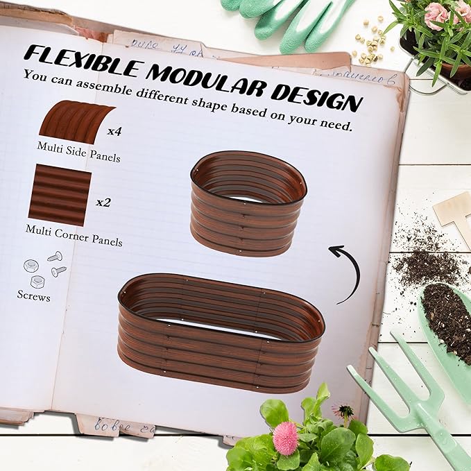 3.5' x 2' x 1' Galvanized Raised Garden Bed Kit Outdoor Metal Elevated Planter Box with Safety Edging Easy DIY Stock Tank for Growing Flowers Herbs Vegetables Brown