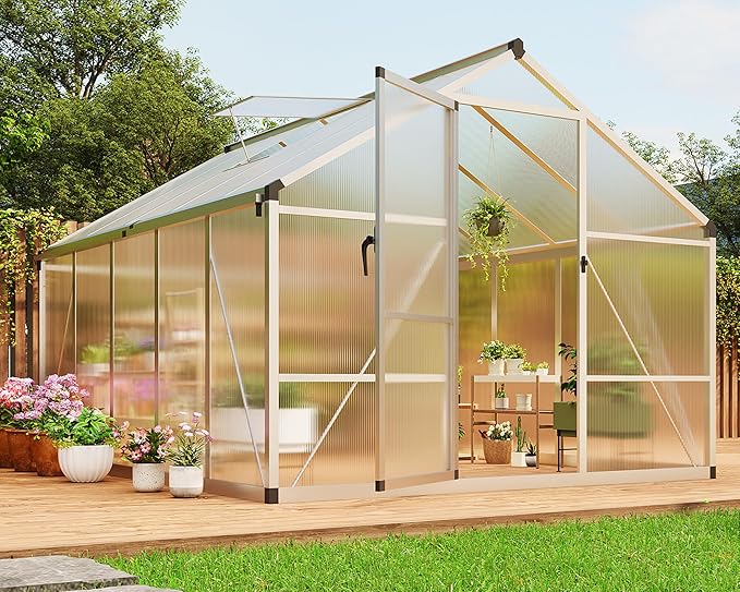 8X10FT Outdoor Greenhouse Aluminum Polycarbonate House Green Houses for Outside with Sliding Doors Ajustable Roof Vent Withstands Bad Weather for Garden or Backyard Silver