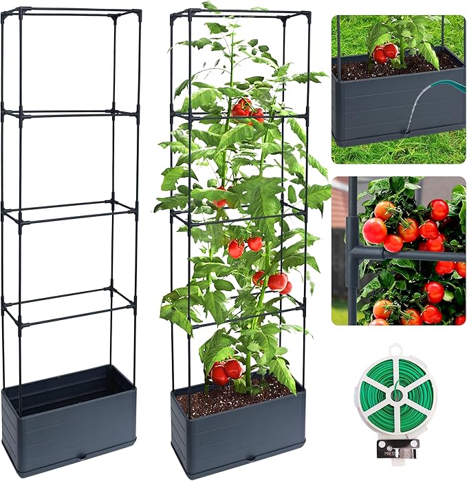 2 Packs Raised Garden Bed Tomato Planter Box with Trellis 55.2 Self-Watering Tomato Cage with Rectangular Trellis for Climbing Plants Flowers Vegetables Vine in Patio Garden Indoor Outdoor