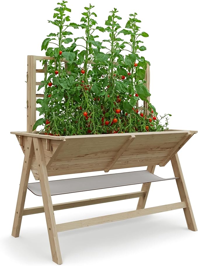 GarveeHome 52x30x54 in Raised Garden Bed with Legs Elevated Wooden Raised Planter Box with Vine Climbing Trellis Outdoor Standing Growing Bed for Growing Vegetables Flowers Herbs