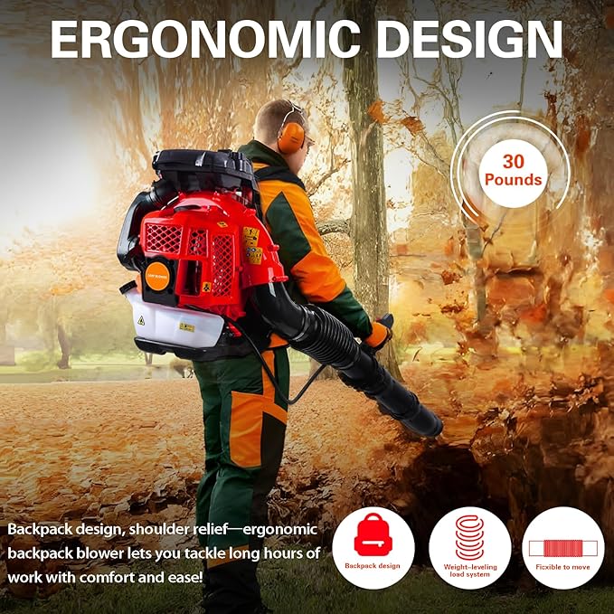 Backpack Leaf Blower 80CC 4.7HP 2-Cycle Gas Leaf Blower 900-CFM &amp 210-MPH Powerful Back Pack Blowers Variable Speed Cruise Control Portable Air Blower for Garden Snow Dirt Debris