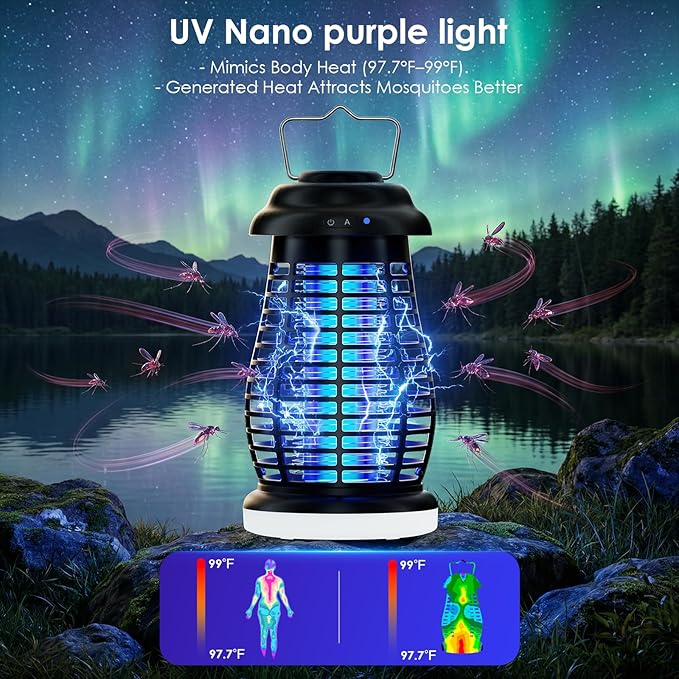 Bug Zapper Outdoor &amp IndoorCordless Portable Mosquito Zapper with Rechargeable 4800mAh Battery &amp Camping LightMosquito Repellent Outdoor PatioElectric Fly Trap for PatioKitchenBackyard an