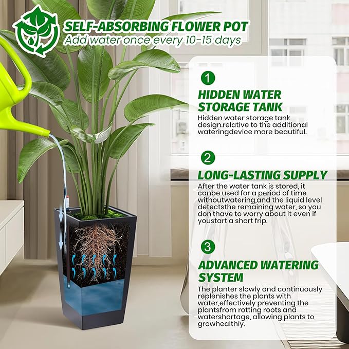 GarveeLife 16 in Tall Planters Set of 2 Outdoor＆Indoor Black Planter Pots High Front Porch Planter Pots with Drainage Holes＆Water Level Monitor＆Inner Bucket Automatic WateringBlack