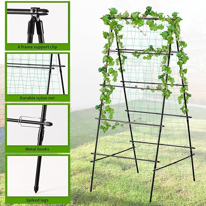 Garden Trellis for Climbing Plants 71 H x 32 W Metal A-Frame Cucumber Trellis Outdoor Fruits Watermelon Plants Vegetable Tomato Squash Peas Beans with Netting Black