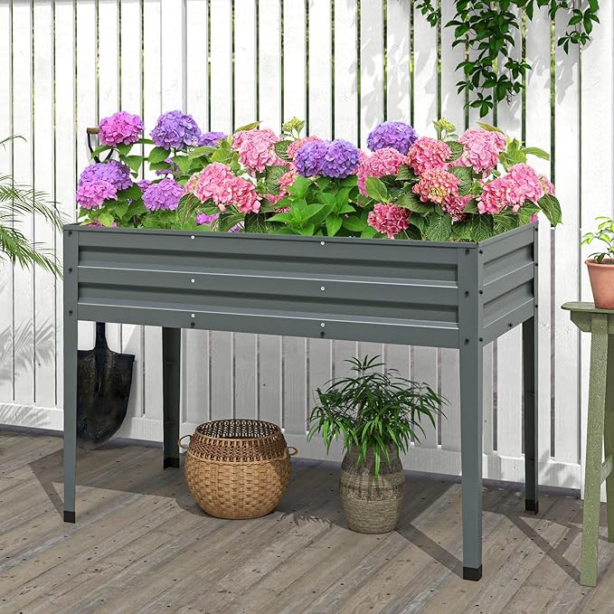 Giantex Raised Garden Bed with Legs 46”x24”x32” Galvanized Steel Planter Box with Drainage Holes for Vegetables Flowers &amp Fruits Freestanding Elevated Planting Bed Easy Assembly (Grey)