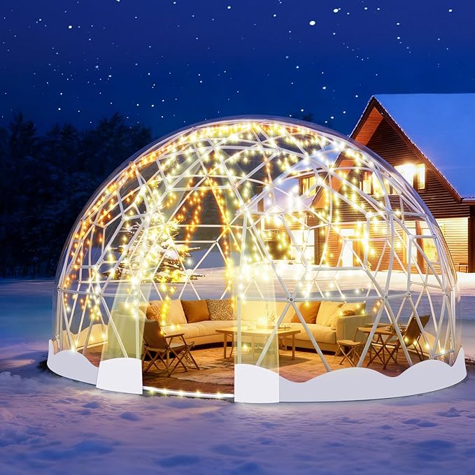 12FT Garden Dome Tent Geodesic Dome Greenhouse with PVC Clear Cover Waterproof Garden Bubble Dome Tent House with 2 x 10M Light Strings for Outdoor Patio Party (White Edge 12.5FT/3.8M)