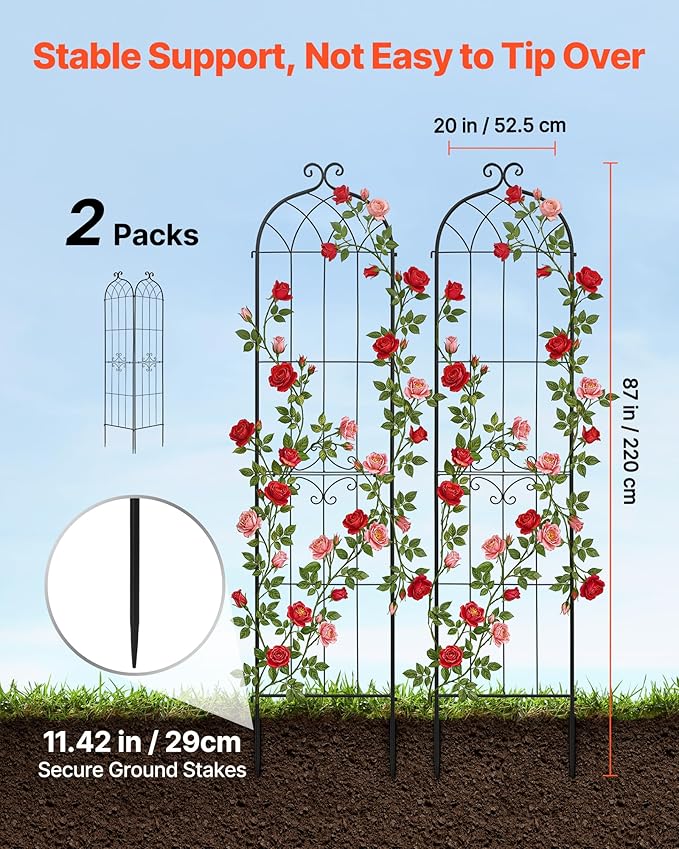 VEVOR Garden Trellis 87 x 20 inch Rose Trellis 2 Packs Garden Flower Rose Trellises with Powder-Coated Finish &amp Convenient Locking Design Plant Support Trellises for Flowers Vegetables Roses
