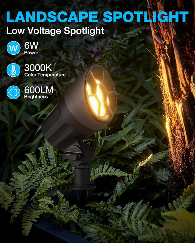 SUNVIE 6W Low Voltage Landscape Lighting LED Landscaping Lights Warm White Low Voltage Lighting Waterproof Landscape Spotlights with Connectors Spot Lights Outdoor for Tree Wall Pathway Yard 4 Pack