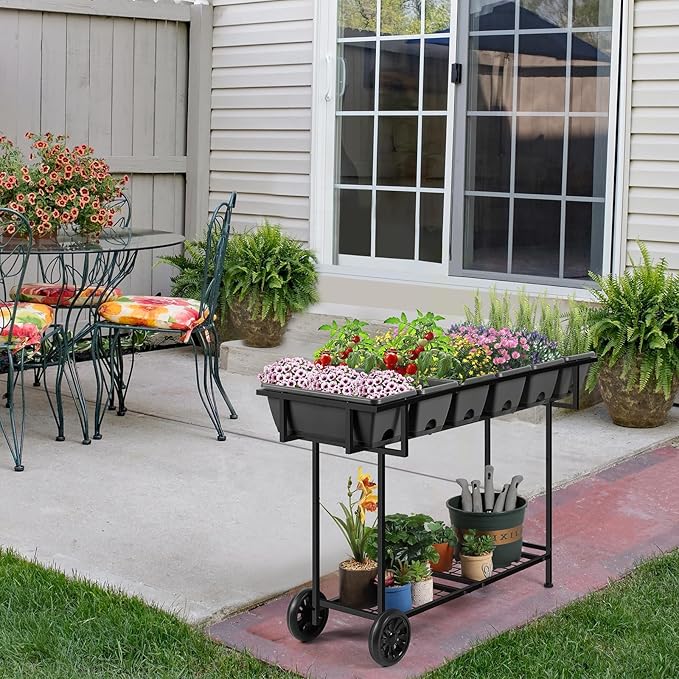 Vrisa Elevated Garden Bed with Shelf 43x17x29 in Outdoor Raised Planter Box with Legs and Wheels Vegetables Herbs Flowers Garden Box with Drain Outlet for Backyard Patio Balcony Grey