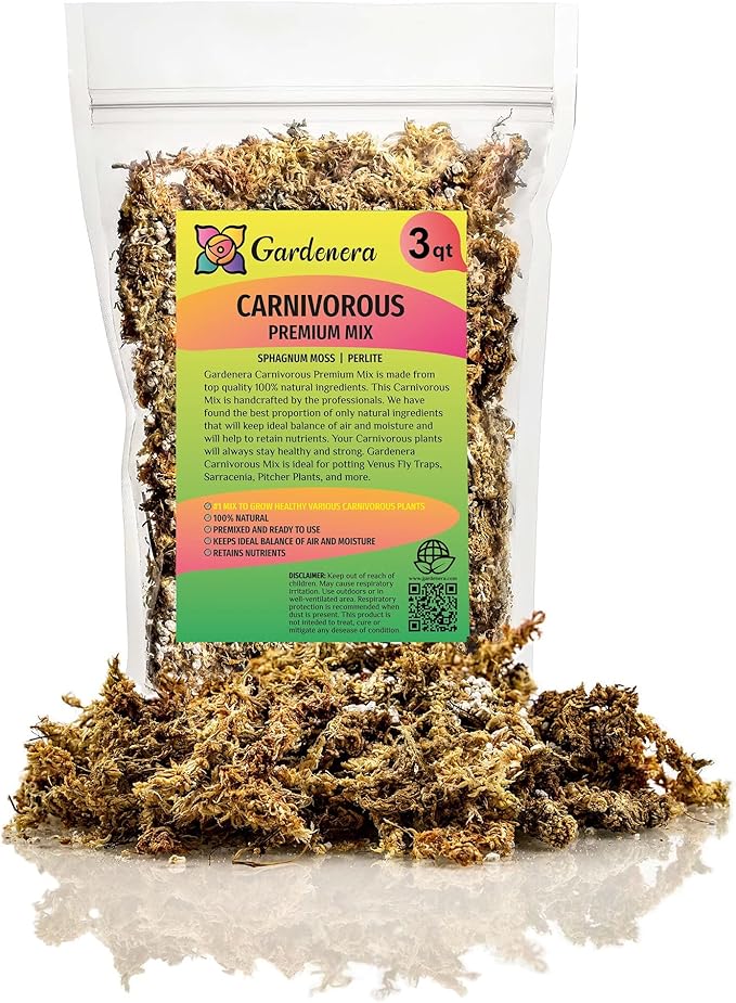 GARDENERA Sphagnum Moss Potting Mix for Carnivorous Plants Moss and Perlite Blend for Potting Venus Fly Traps Sarracenia Pitcher Plants - 75% Sphagnum Moss + 25% Perlite - Made in USA - 3 Quart