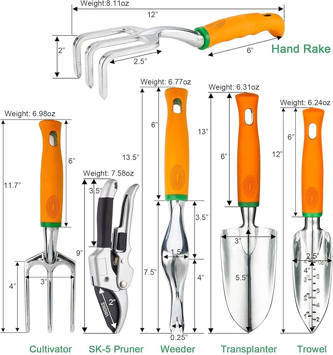 Ukoke UGP01G-7 Outdoor Tool Heavy Duty Work Ergonomic Handle for Women Men Set 7 Piece Aluminum Kit Garden Canvas Apron with Storage Pock Orange