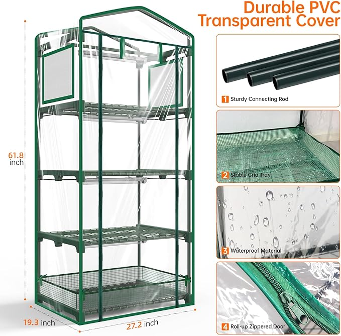 Bstrip Indoor Greenhouse with Grow Lights PVC Tent with Waterproof Base Mat Airflow Windows&ampZippered Door 4Pcs Grow Lights for Seed Starting with Timer 4-Tier Greenhouse Shelf 27.2x19.3x61.8in