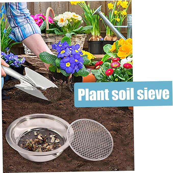 Garden Sieve Soil Sifter Removable Garden Sieve with Interchangeable 3/6/9mm Mesh Stainless Steel Soil Sieve 9.4 Dia. Sand Sifter for Sifting Soil Stones Compost.