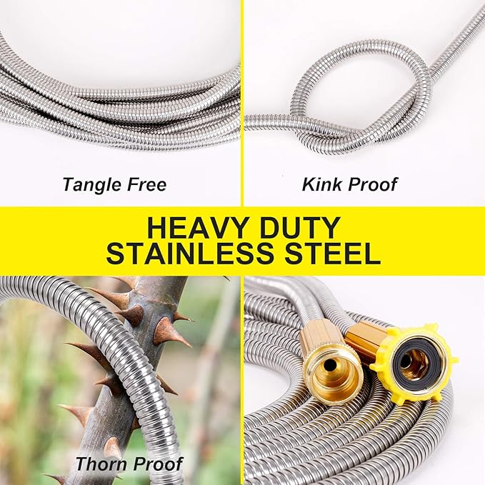 FOXEASE Metal Garden Hose 50FT - Stainless Steel Heavy Duty Water Hose with Metal Nozzle &amp 8 Function Sprayer Portable &amp Lightweight Kink Free Yard Hose Outdoor Hose