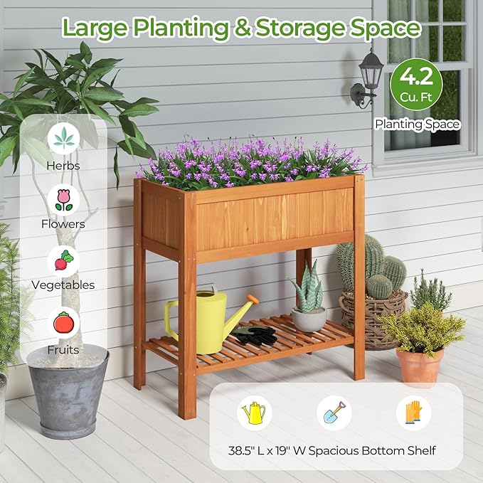COSTWAY 2-Tier Raised Garden Bed Fir Wood Planter Box with Storage Shelf for Vegetables Herbs &amp Flowers – 39 x 20 x 39 for Backyard Patio &amp Balcony