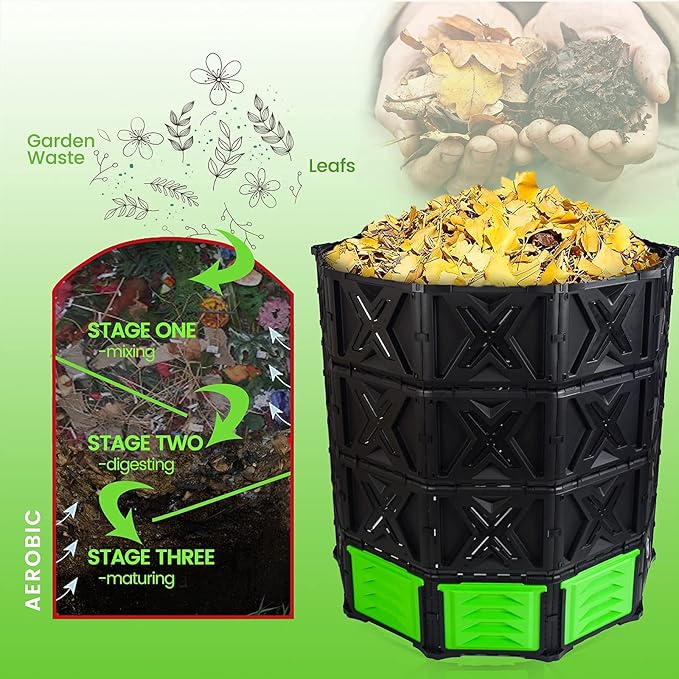 SQUEEZE master XXL Large Compost Bin Outdoor- 720L /190 Gallon-Easy Assembly-No Screws-Sturdy&amp Durable-Green Door