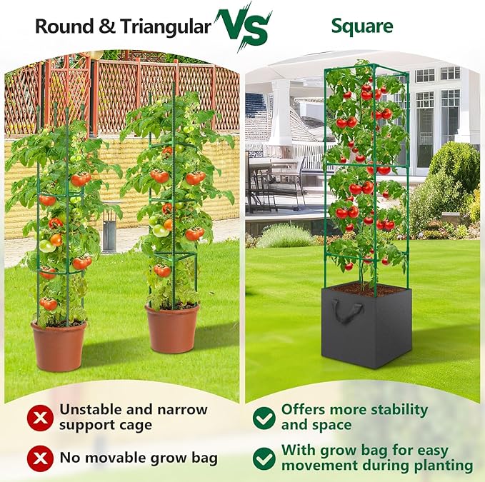 2 Pack Tomato Cages for Garden49-Inch Square Trellis Frame with 7 Gallon Grow Bags Plant Clips Tomato Plant Support Kit for Garden Raised Bed Cucumber Vegetable Climbing Outdoor Indoor