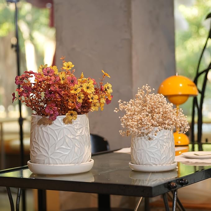 Handmade White Glossy Ceramic Planter Set of 2 6 8 Diameter Leaf Pattern Design for Succulents and Herbs IndoorOutdoor Shelf Table Use Breathable Clay with Saucers