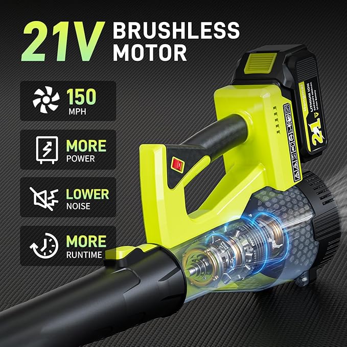 Leaf Blower Cordless 500 CFM 21V Electric Cordless Leaf Blower with 4.0Ah Battery and Charger Lightweight 6 Speed Modes for Lawn Care Patio Blowing Leaves and Dust (Green)