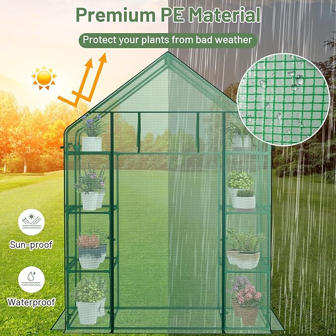Happygrill Walk-in Greenhouse Potable Greenhouse with Roll-up &amp Zippered Door PE Cover 4 Tier 8 Mesh Shelves for Plants Herb and Flower Greenhouses for Outdoors Patio Lawn Yard 56 x 28x