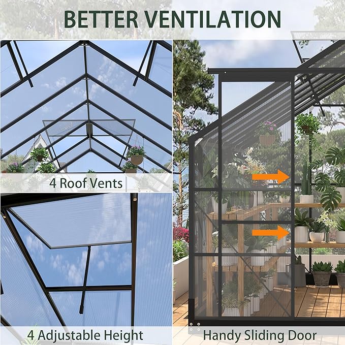 Polycarbonate Greenhouses 8x16 FT Green Houses for Outside with Adjustable Roof Vents Walk-in Aluminum Frame Greenhouse with Sliding Doors Garden Backyard(8x16FT)
